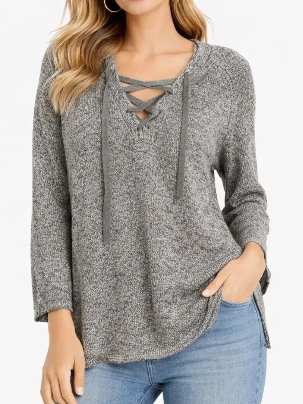 Brochu Walker Heather Gray Lace-Up V-Neck Sweater